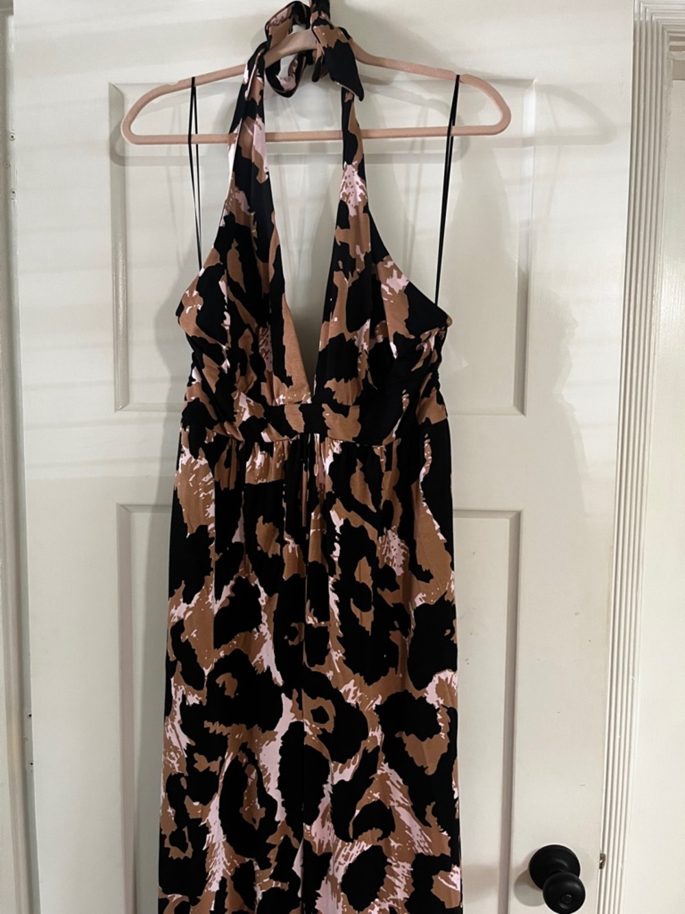 Diane Von Furstenberg Halter Jumpsuit in Black and Blush Animal Print - Picture 2 of 6